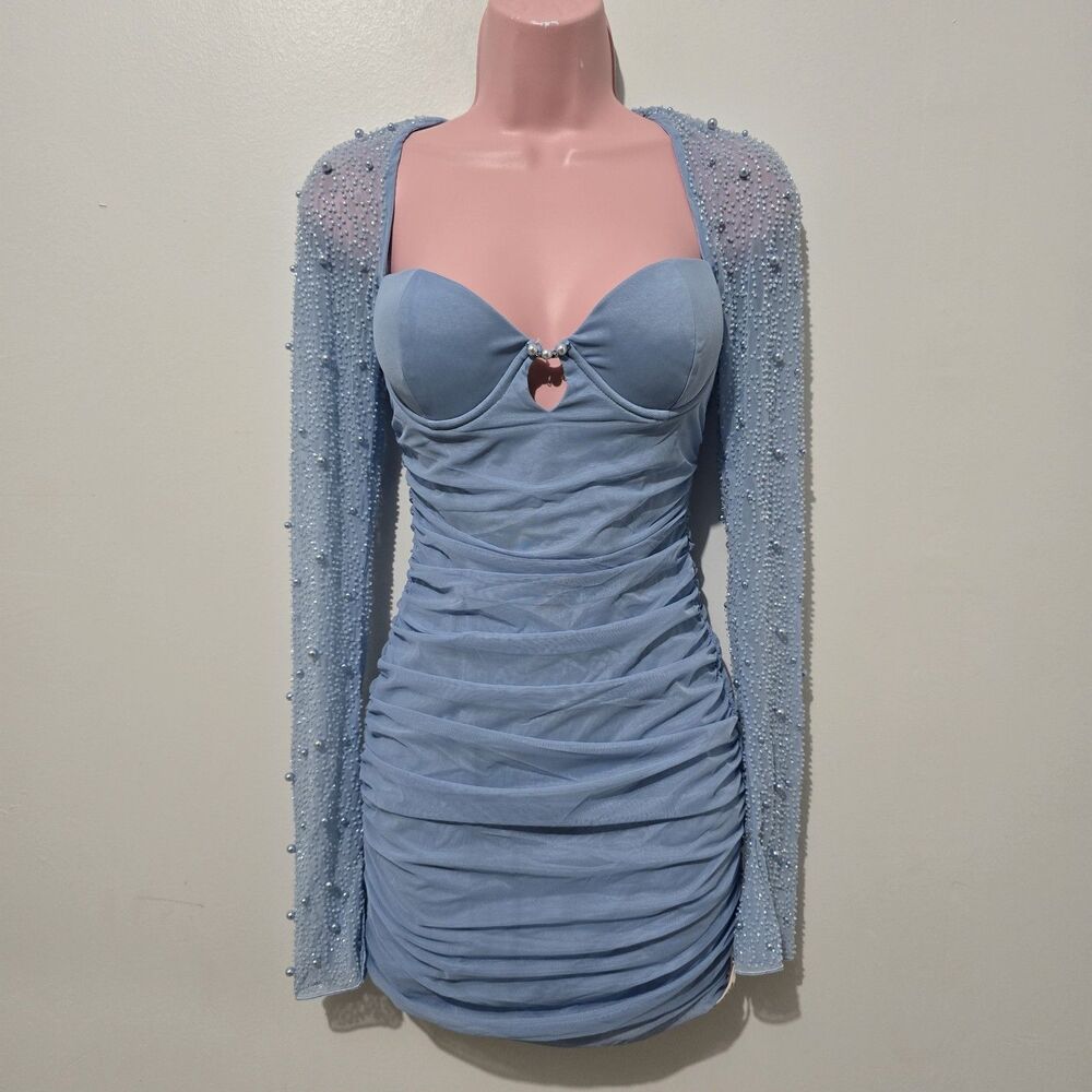 NWT - Oh Polly - St Germain Beaded Mini Dress Long Sleeve - Baby Blue - Size 4